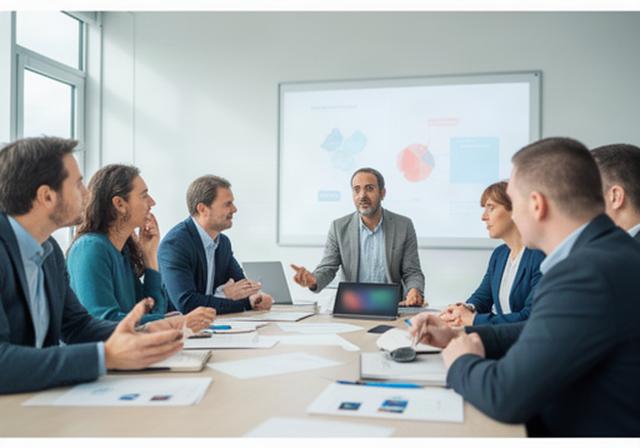 Workshopgruppe in einem hellen Seminarraum bei einer gemeinsamen Analyse von KI-Anwendungsfällen